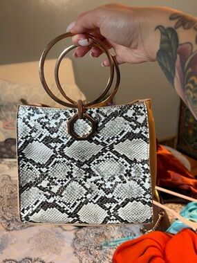 Structured Snake-Print Mini Bag with Gold Ring Handles in Black & Tan